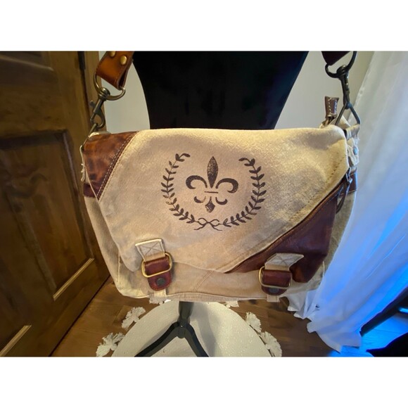 Boho Canvas & Leather Fleur De Lis Messenger Vintage Chic Look Crossbody Bag - Picture 2 of 11